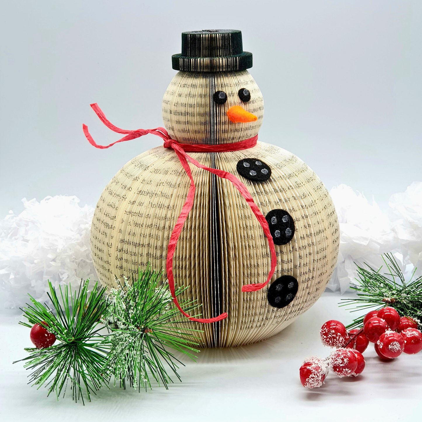 Set of 3 book page snowmen ornaments displayed as group arrangement