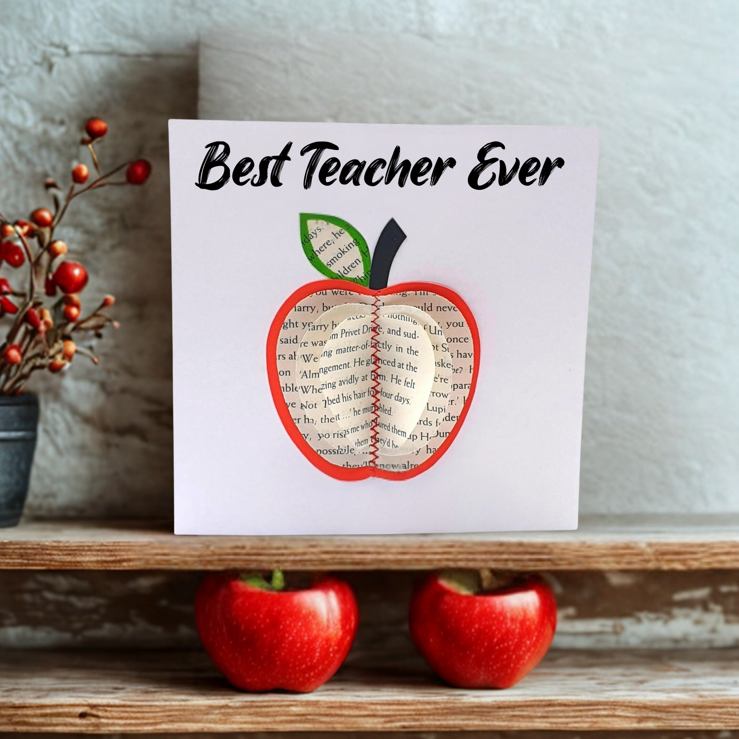 Personalised Thank You Card with 3D Book Apple – Handmade Red or Green Apple Design