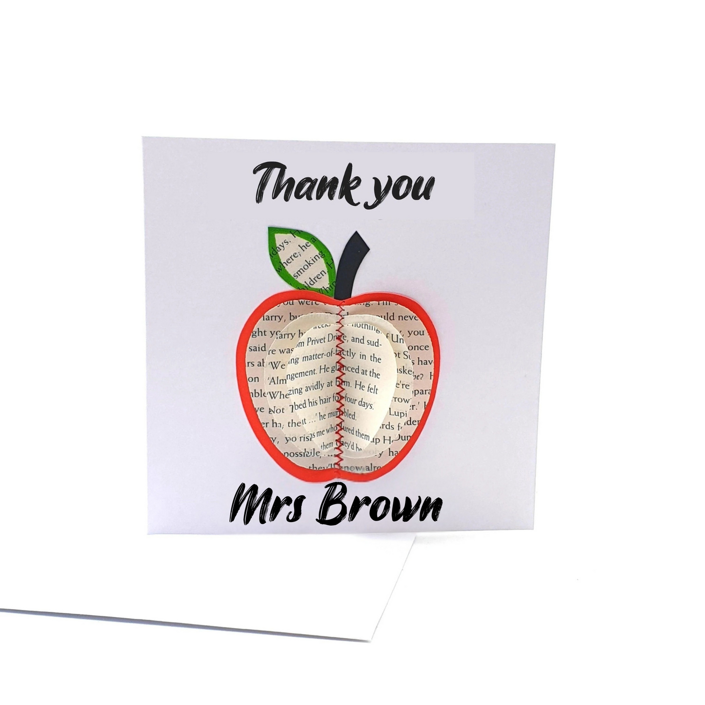 Personalised Thank You Card with 3D Book Apple – Handmade Red or Green Apple Design