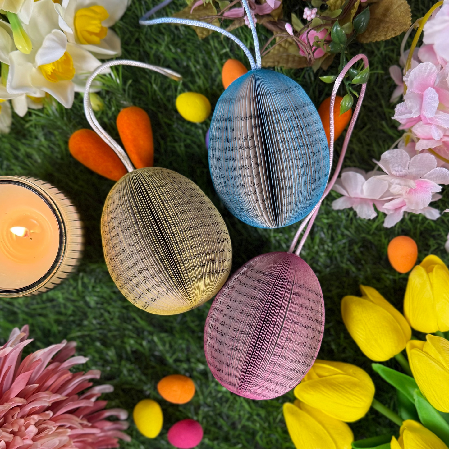 handmade book page Easter egg hanging decorations in pastel colours