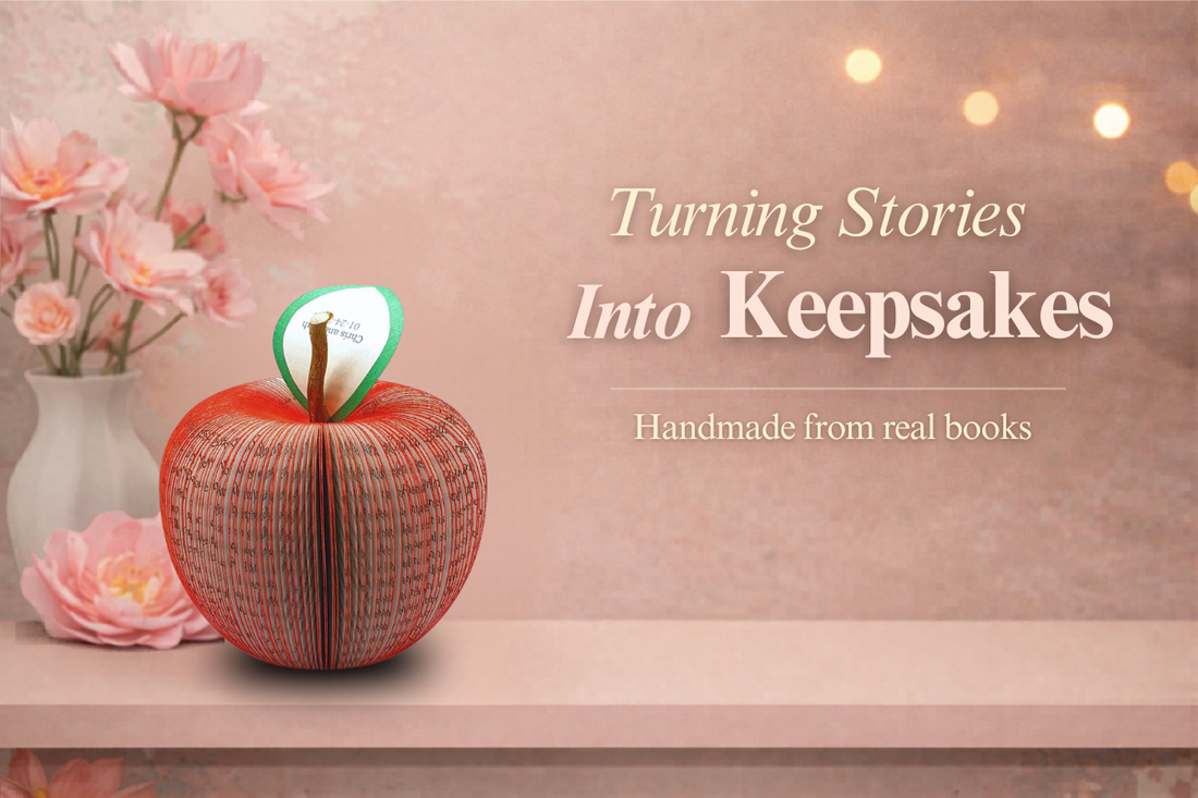 Handmade book page apple representing how books are repurposed into meaningful keepsake gifts