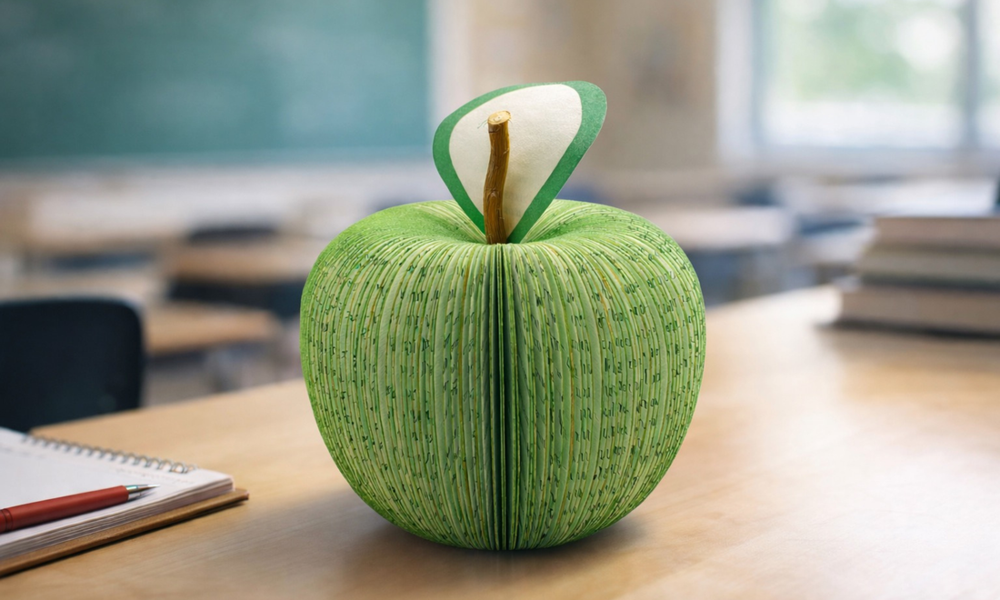 Handmade book apple teacher gift displayed on a classroom desk