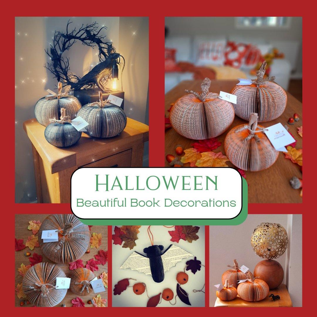 Handmade Halloween decorations made from book pages – personalised pumpkins and bats by Paper Apple Co