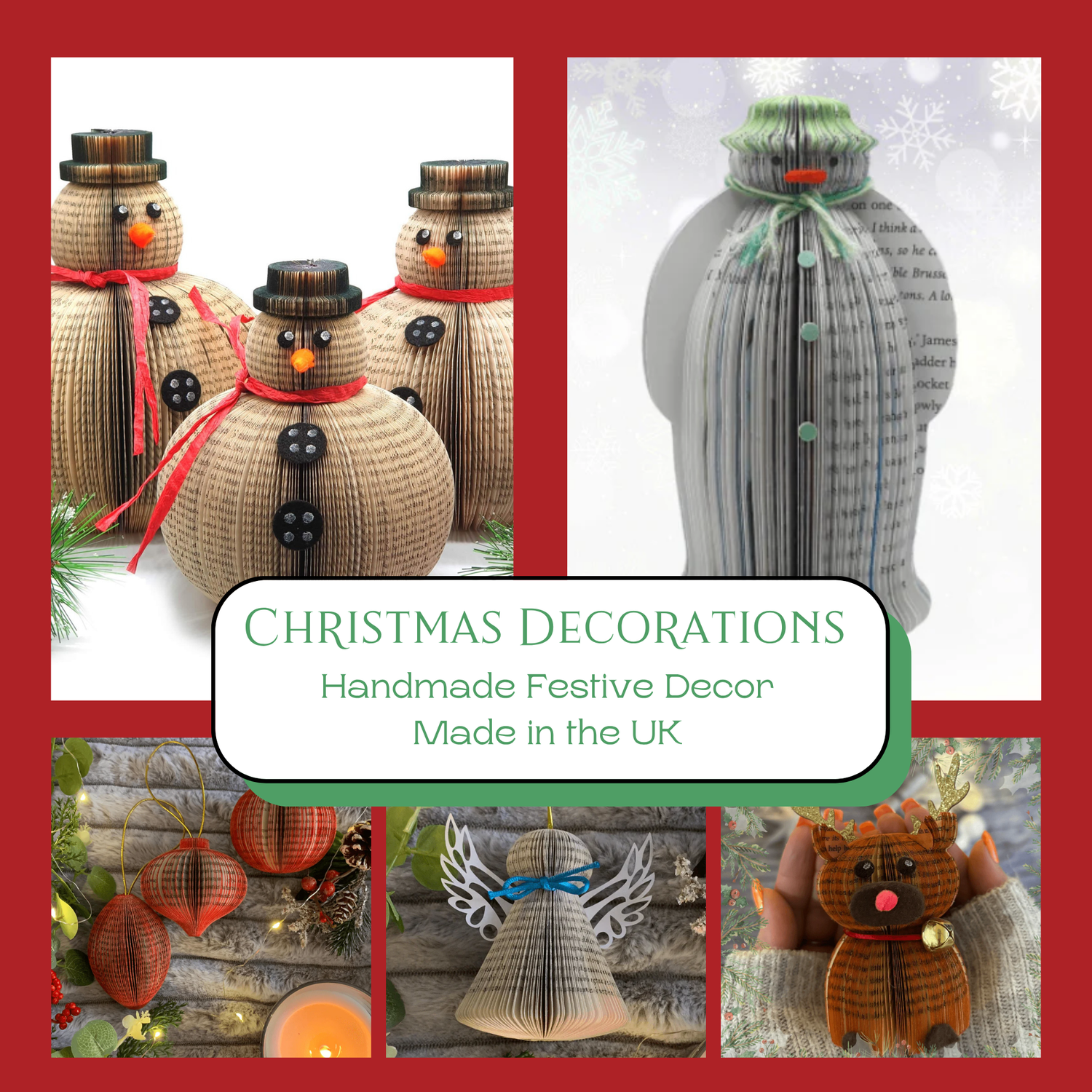 Handmade Christmas decorations and festive home decor crafted from books