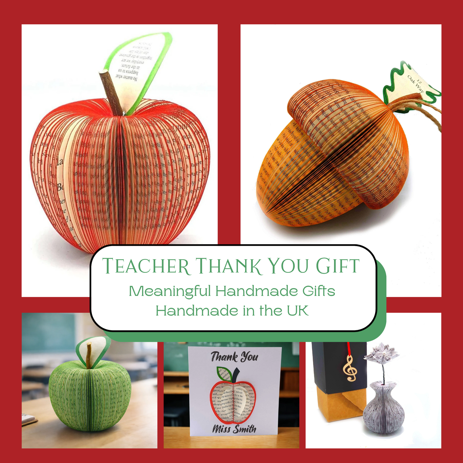 Handmade teacher thank you gifts including meaningful keepsakes made from books
