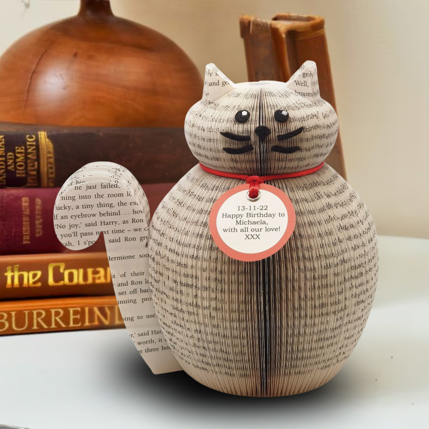 Book Page Cat, unique handmade gift made from real book pages