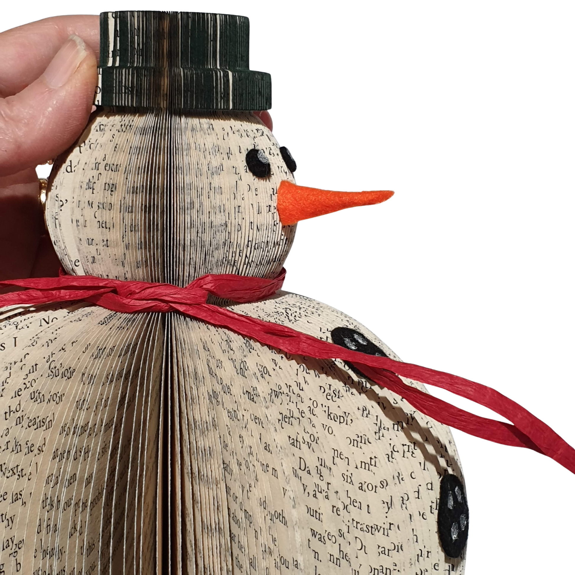 Set of 3 book page snowmen ornaments showing size options