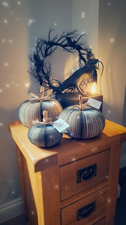Set of 3 black handmade book pumpkin held in hands to show size