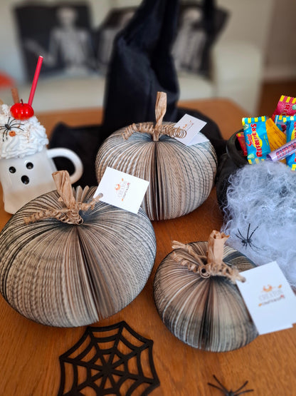 Personalised leaf with custom message on Set of 3 black handmade book pumpkin