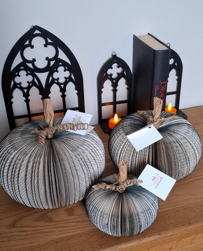 Set of 3 black handmade book pumpkin ornament made from real book pages
