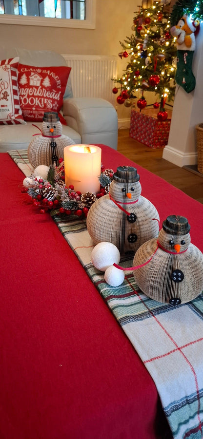 Set of 3 book page snowmen ornaments group display