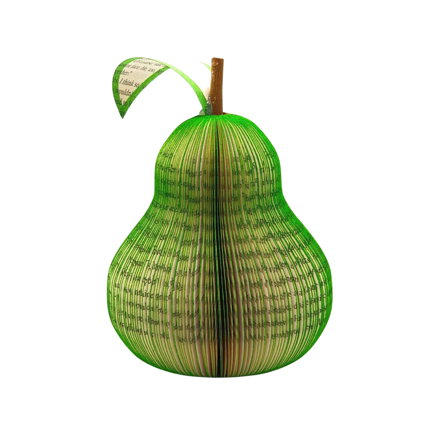 Personalised book pear fruit anniversary gift handmade from reclaimed book pages on white background