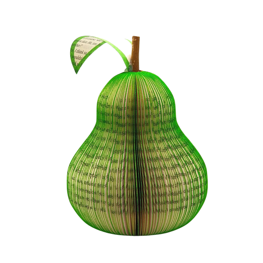 Personalised book pear fruit anniversary gift handmade from reclaimed book pages on white background