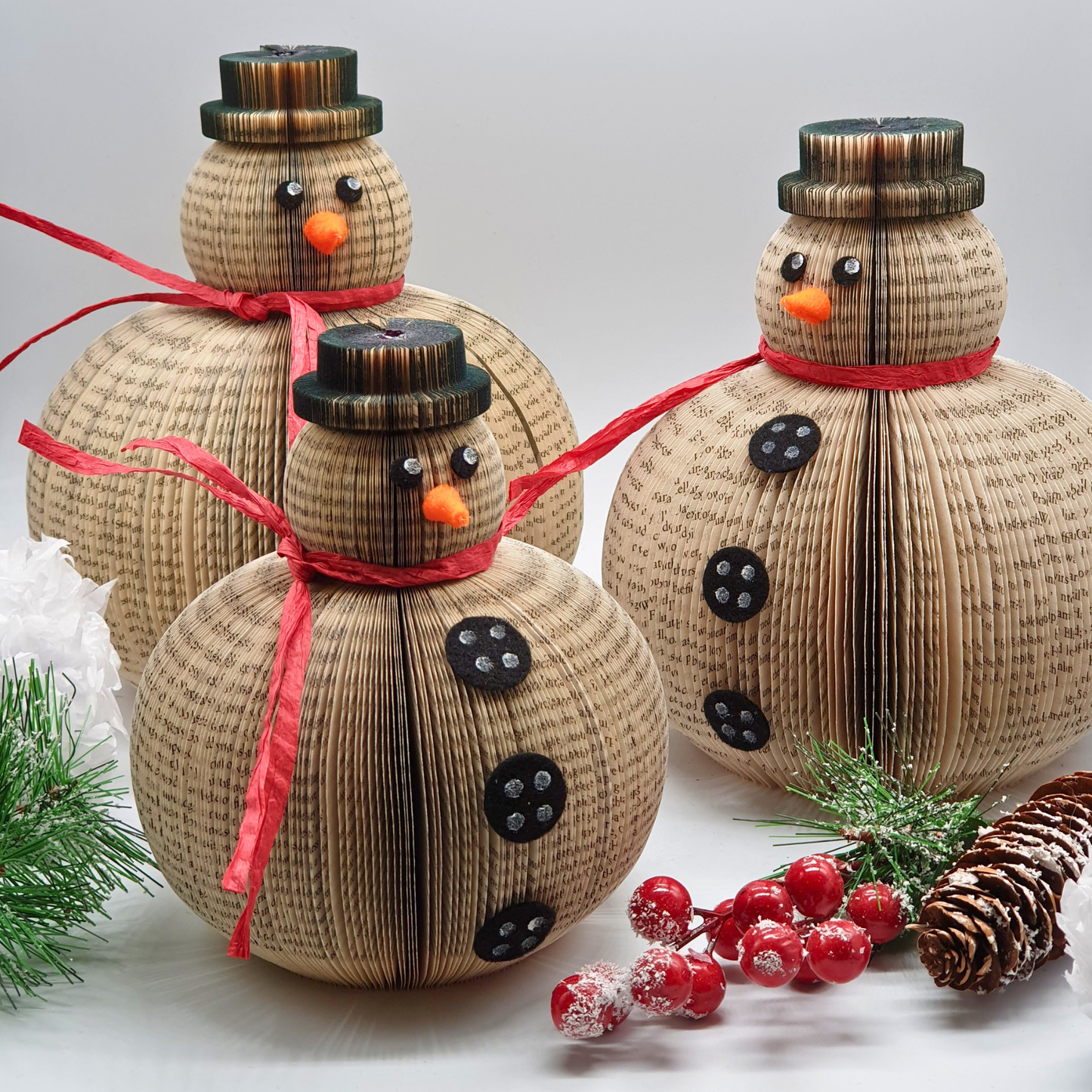 Set of 3 book page snowmen ornaments packaging detail