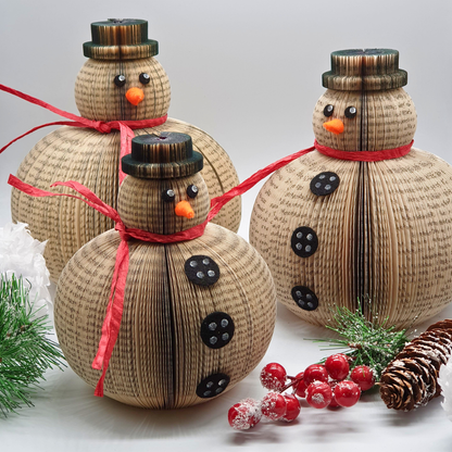 Set of 3 book page snowmen ornaments packaging detail