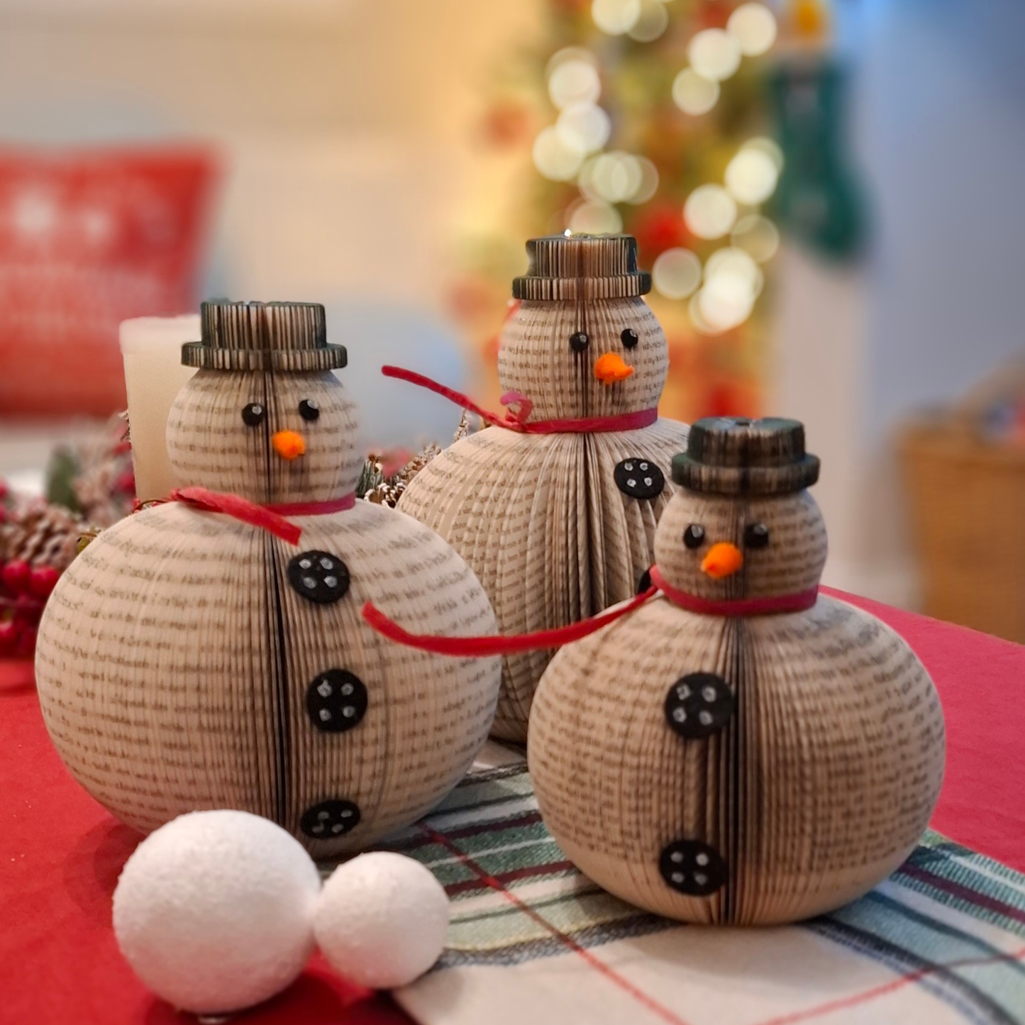 Set of 3 book page snowmen ornaments gift ready to give