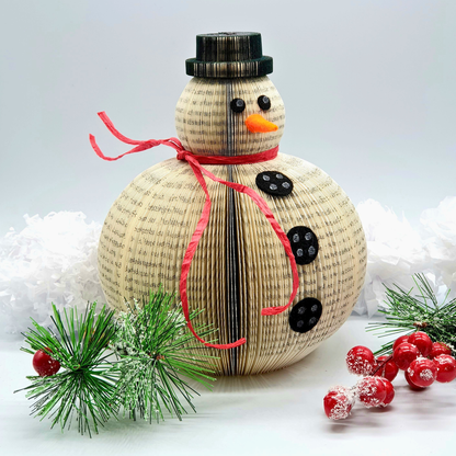 Set of 3 book page snowmen ornaments displayed as group arrangement