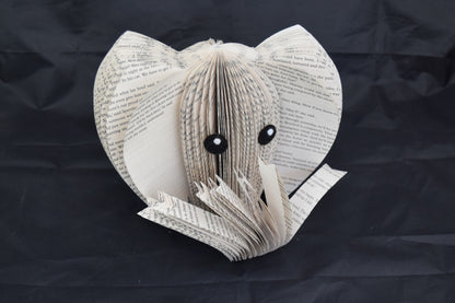 Completed example of DIY Book Art Elephant made from folded book pages