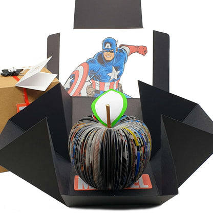 Captain America comic book apple displayed beside original comic