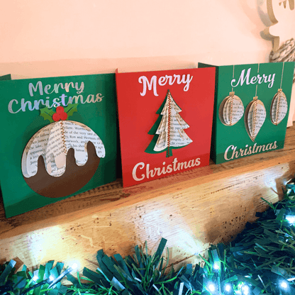 Handmade Christmas Card with Pudding, Tree or Baubles design, handmade from real book pages