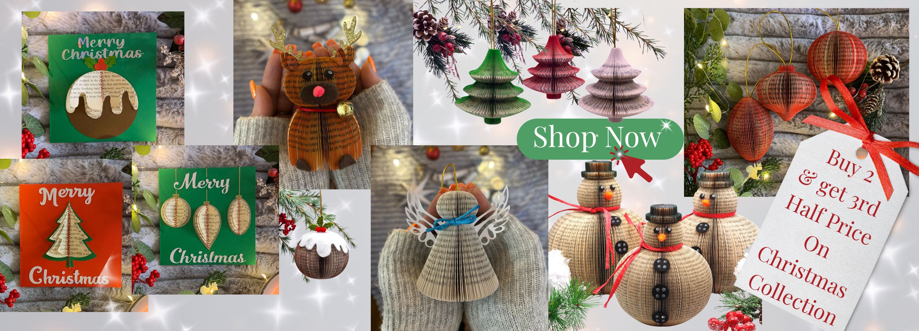Collage of Christmas-themed decorative items with 'Shop Now' and promotional text overlay.