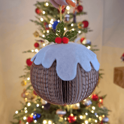 Hanging Christmas Pudding close-up showing book page craftsmanship