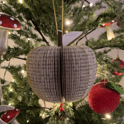 Hanging gold glitter apple freestanding handmade sculpture from real book pages