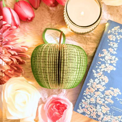 Jane Eyre book apple held in hands to show size, handmade paper anniversary gift