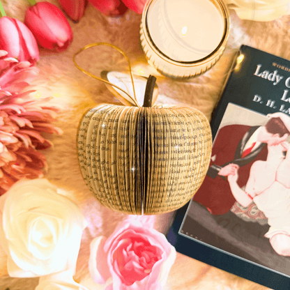 Lady Chatterley's Lover book apple held in hands to show size, handmade paper anniversary gift