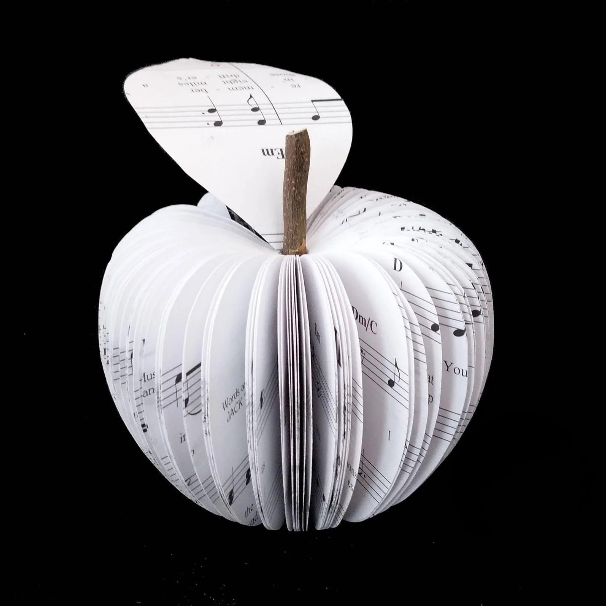 Music book apple, freestanding handmade sculpture made from real book pages