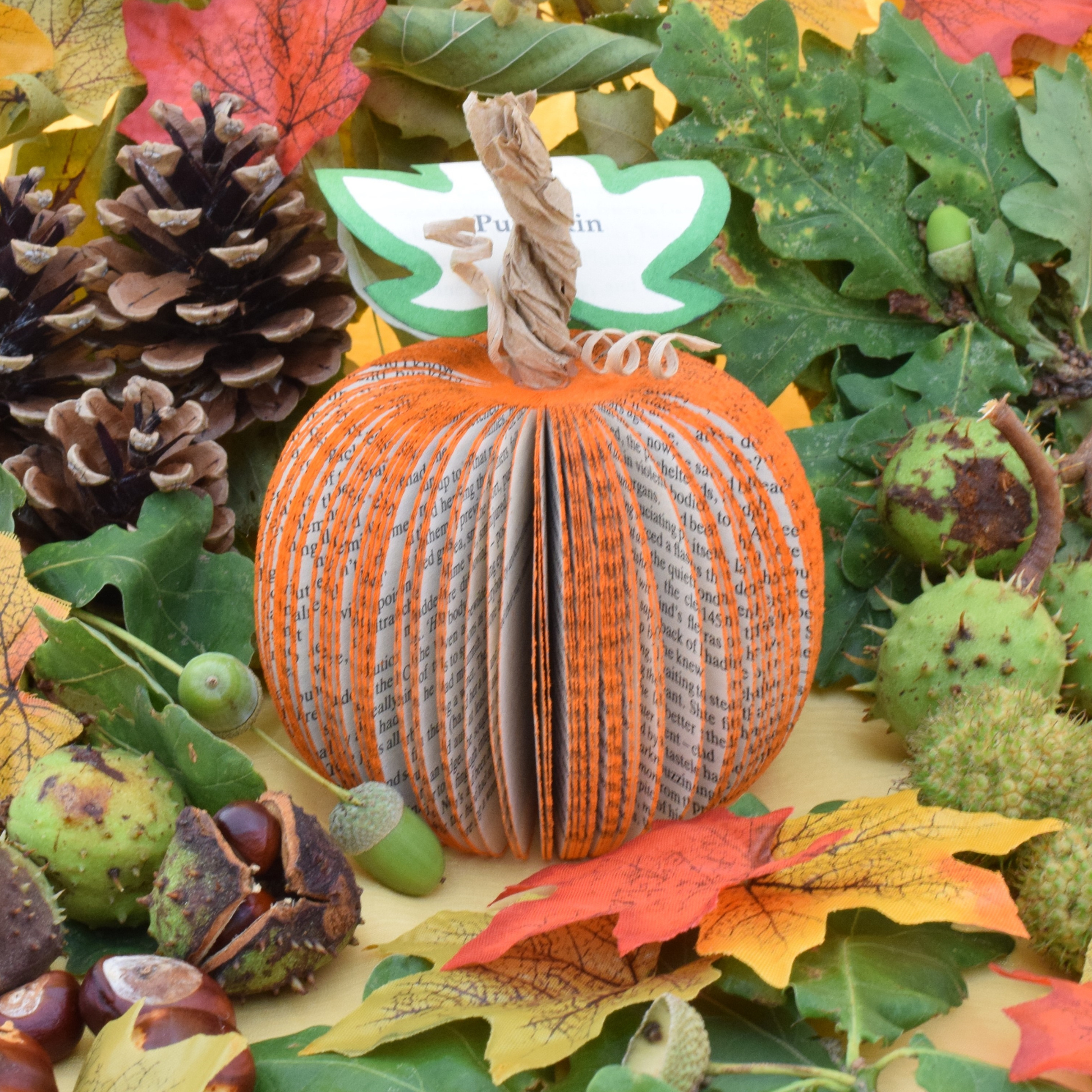 Handmade book page pumpkin decoration detail