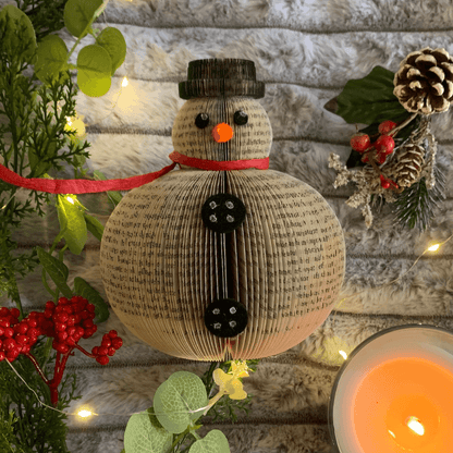 Set of 3 book page snowmen ornaments on white background