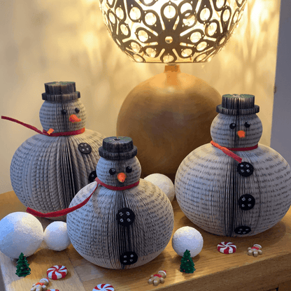 Close-up of book page snowmen ornaments set showing hand-cut book pages