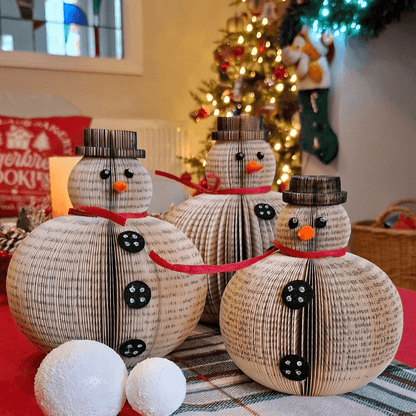 Set of 3 snowmen ornaments handmade from real book pages, unique Christmas gift
