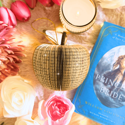 The Princess Bride book apple held in hands to show size, handmade paper anniversary gift