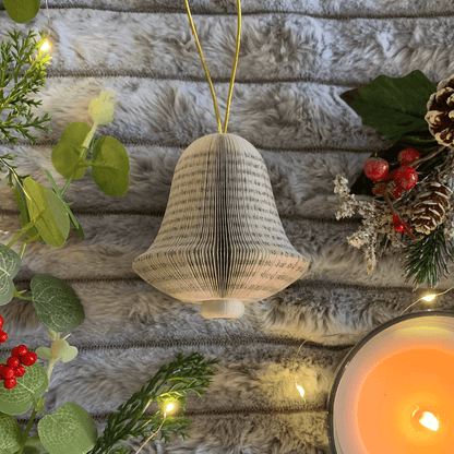 Hanging bell book decoration handmade from real book pages, unique Christmas decoration