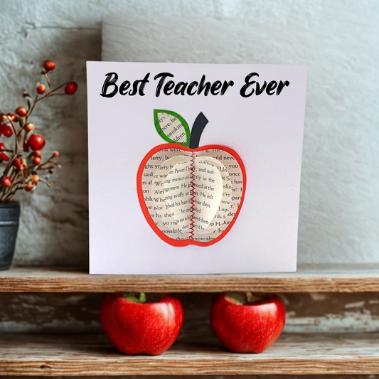 Best teacher ever card with handmade book page apple design