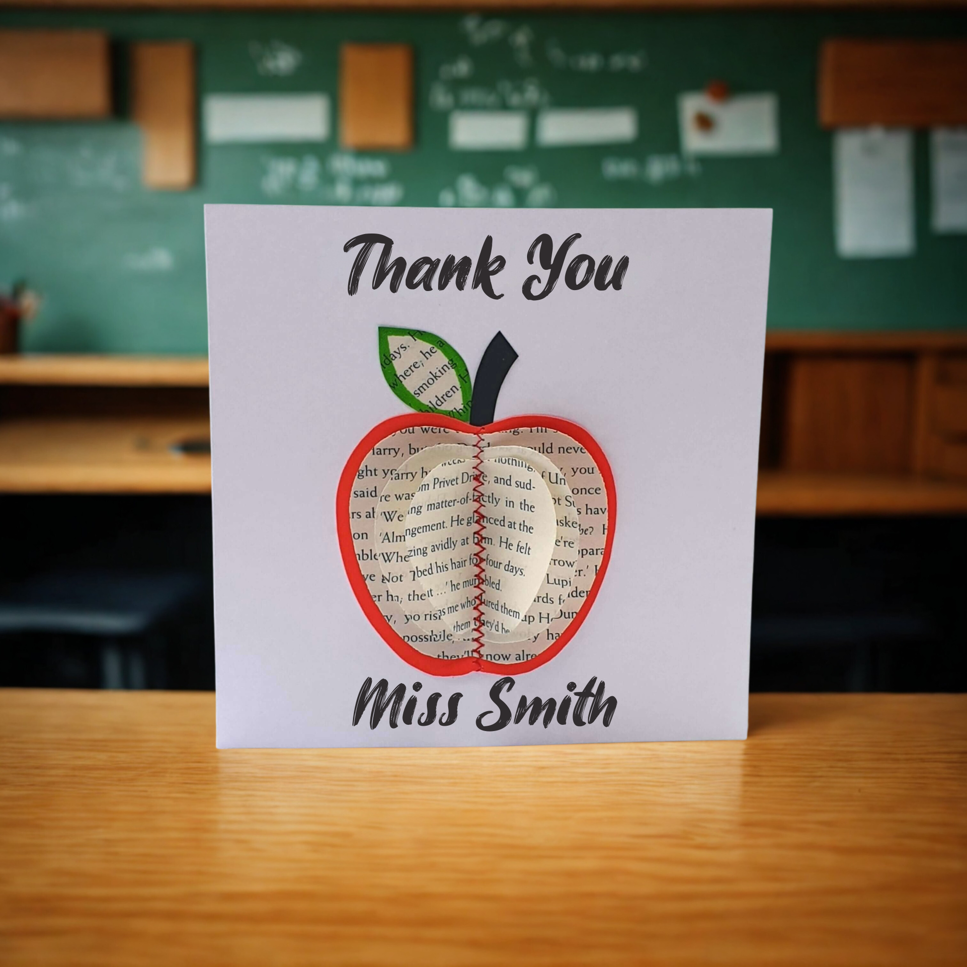 Best teacher ever card with handmade book page apple design