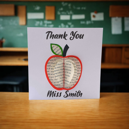 Best teacher ever card with handmade book page apple design