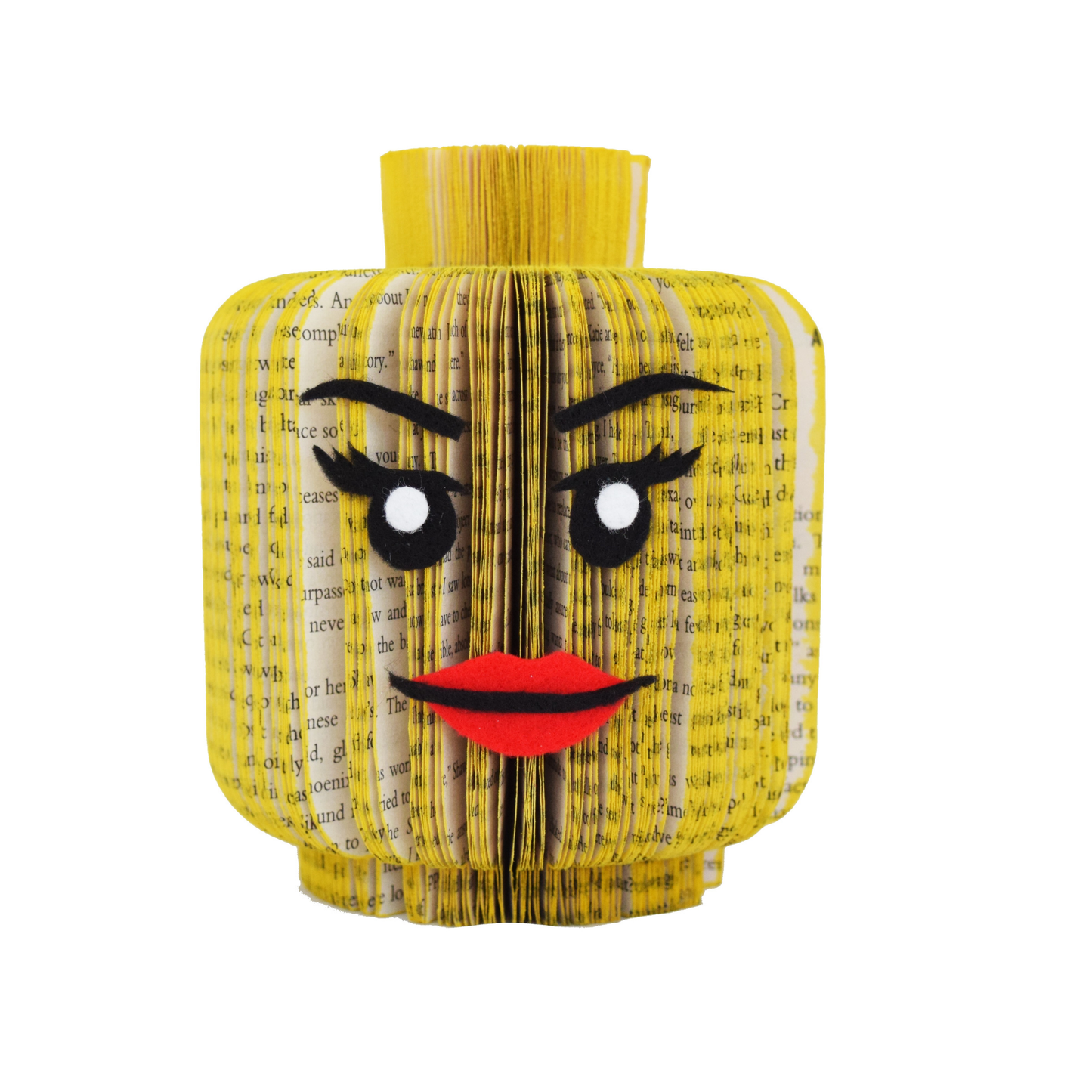 Handmade block head book art, female face design, hand-cut from real book pages with felt lips and lashes