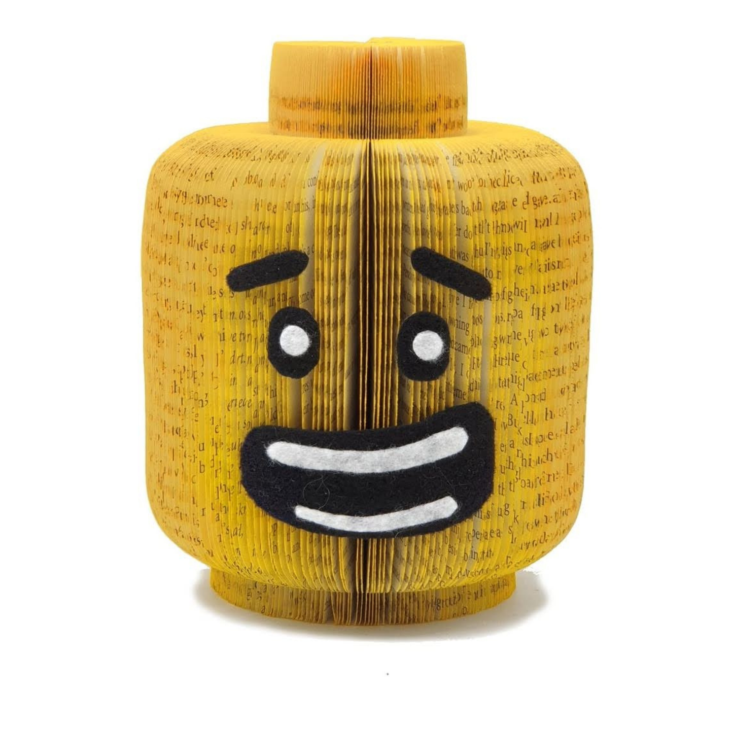Handmade block head book art, male face design, hand-cut from real book pages with felt features