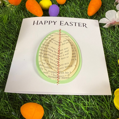 Handmade literary Easter card with decorative egg crafted from reclaimed book pages