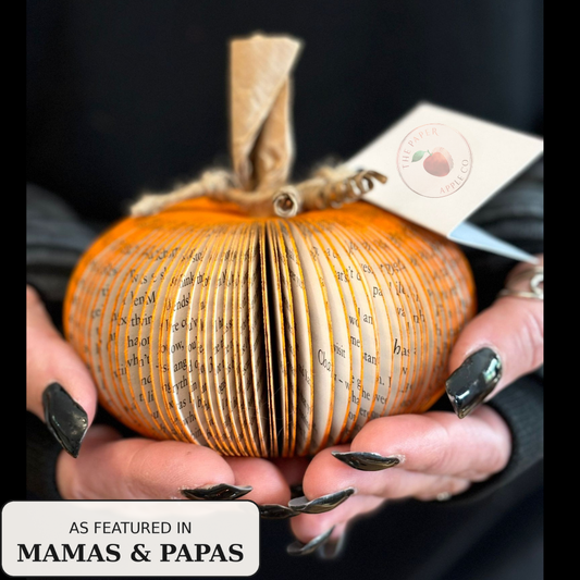 Handmade book pumpkin gift with blue gift card, as featured in Mamas & Papas