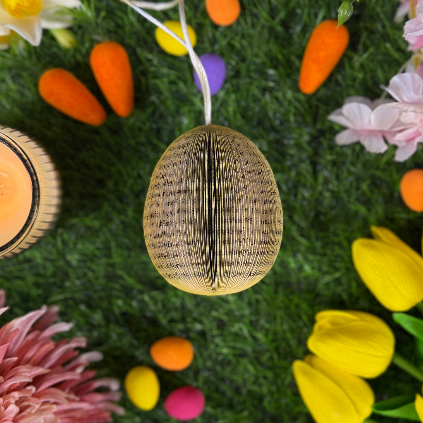 colourful handmade book page Easter egg hanging ornaments for spring decoration