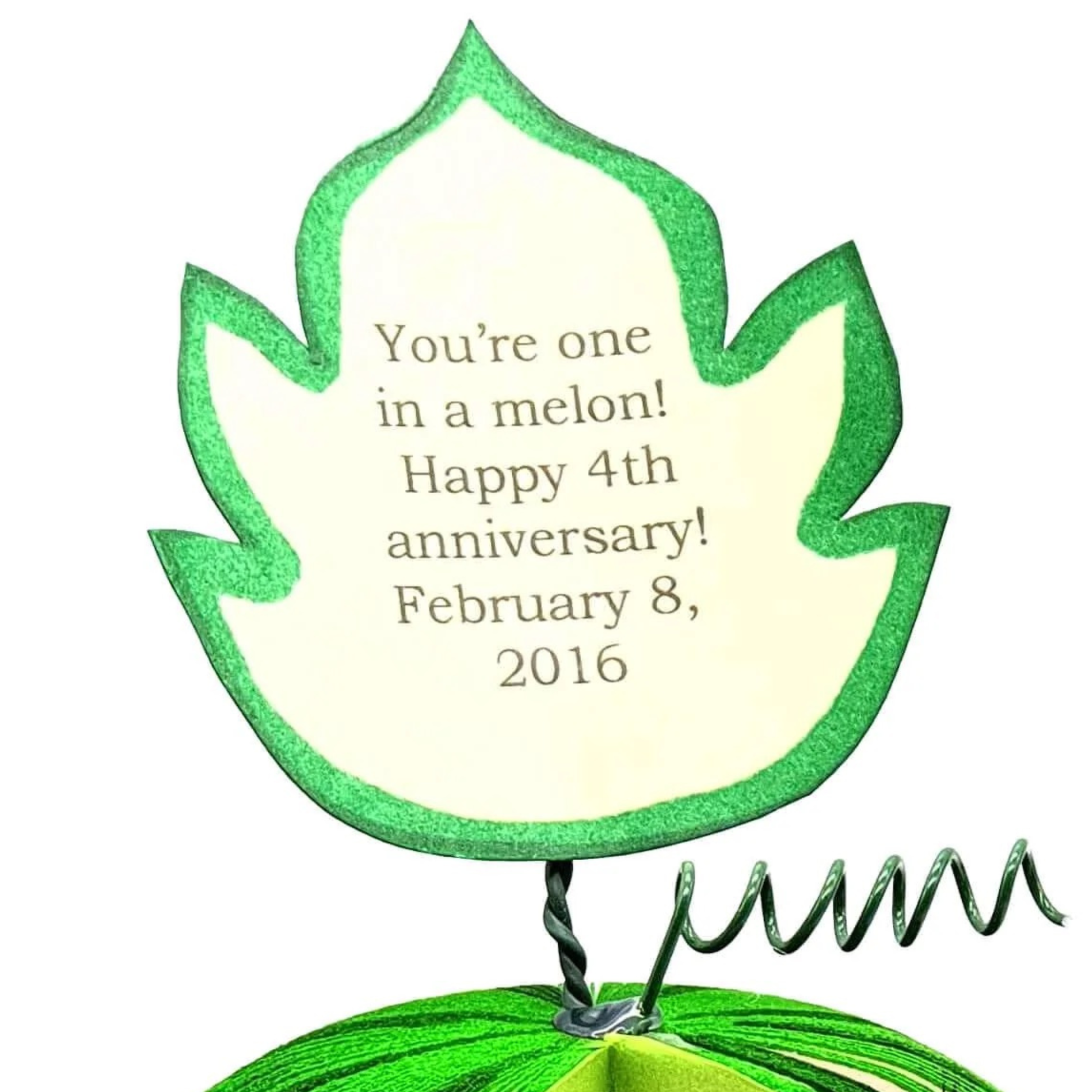 Personalised leaf message printed on handmade anniversary gift.
