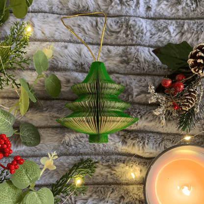 Hanging Christmas Tree decoration displayed on mantelpiece