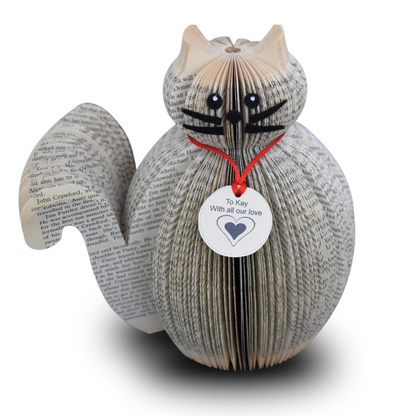 Grey toned book page cat with personalised tag handmade from a real book