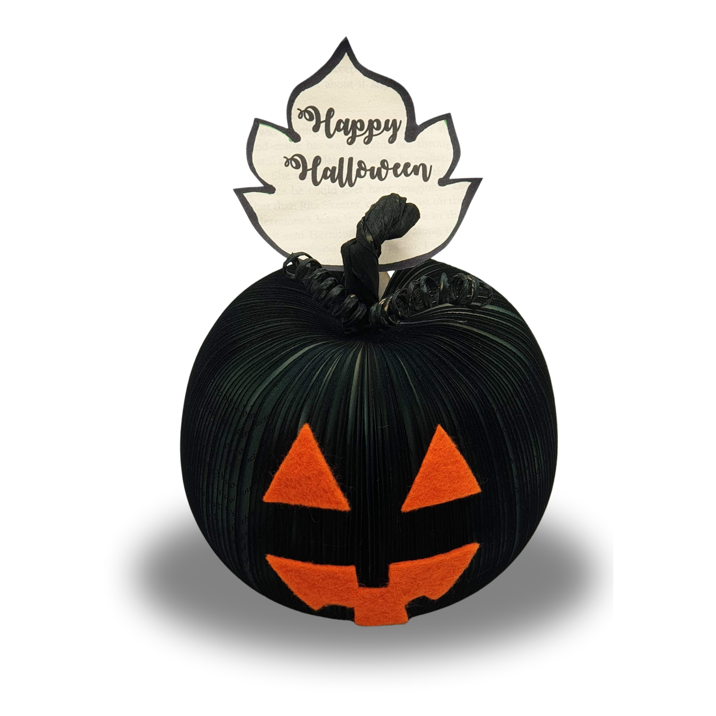 Close-up of handmade black Jack O'Lantern book pumpkin with felt carved face
