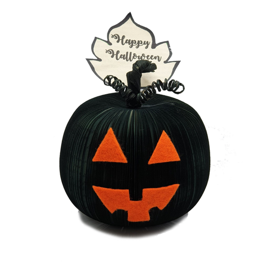 Handmade Jack O'Lantern book pumpkin in black, hand-cut with personalised 'Happy Halloween' leaf