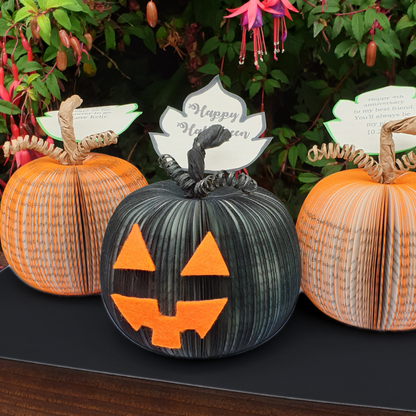 Jack O'Lantern book pumpkins with personalised leaf message examples